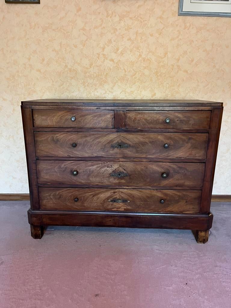 Commode ancienne – placage noyer – style Louis-Philippe, 5 tiroirs ou plus, Enlèvement, Utilisé, 50 à 100 cm