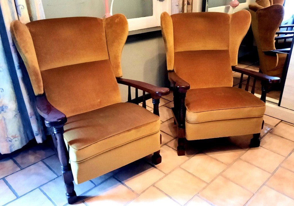 Paire de fauteuils bergères  vintage velours ocres, Antiquités & Art, Enlèvement