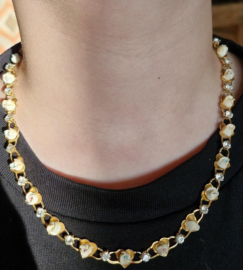 Speciale vergulde ketting met hartjes bloemetjes & kristal, Ophalen of Verzenden