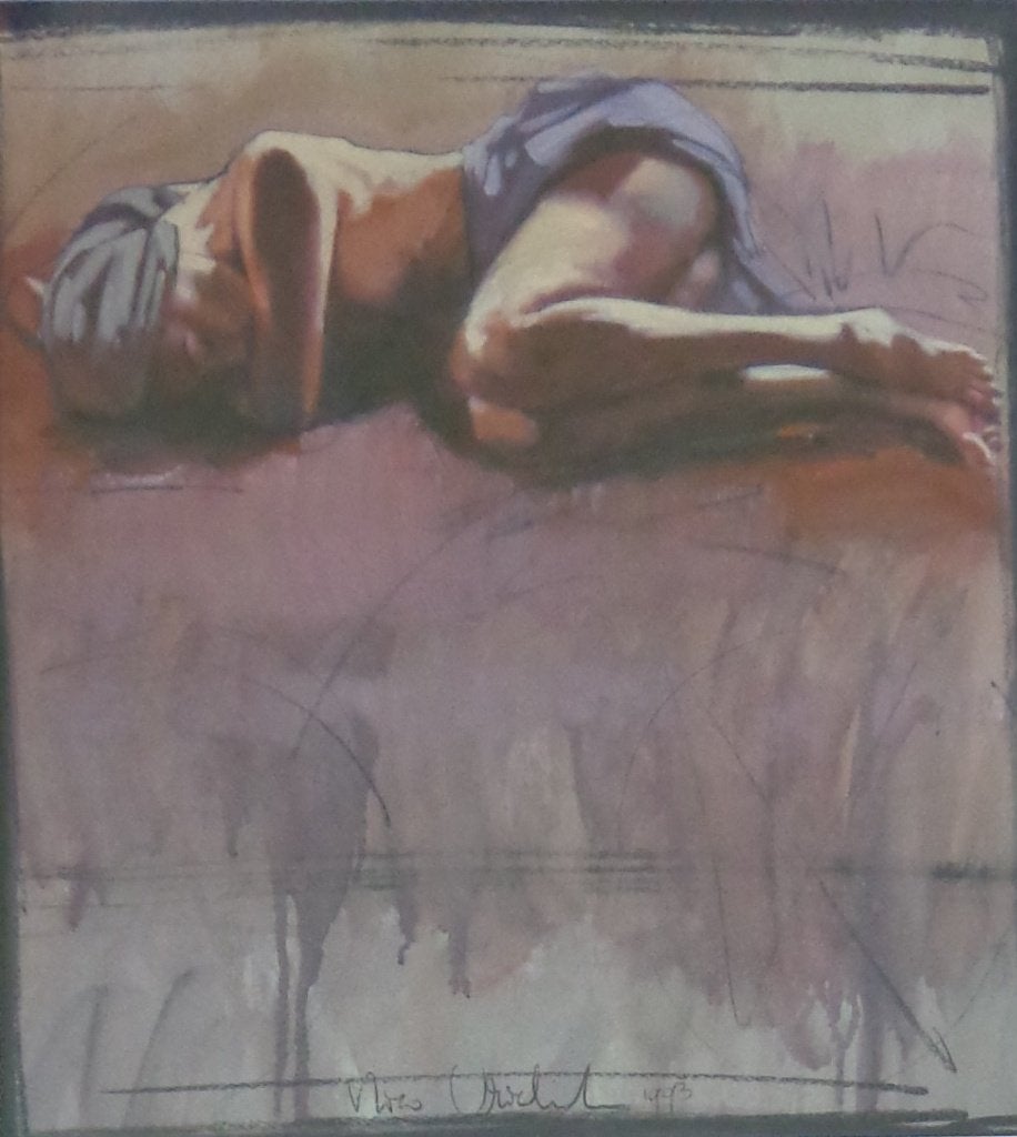 NICO VRIELINK / LIGGENDE VROUW / OLIEVERF / 94x89cm / KADER, Enlèvement, Verre, Signé, Peinture à l'huile
