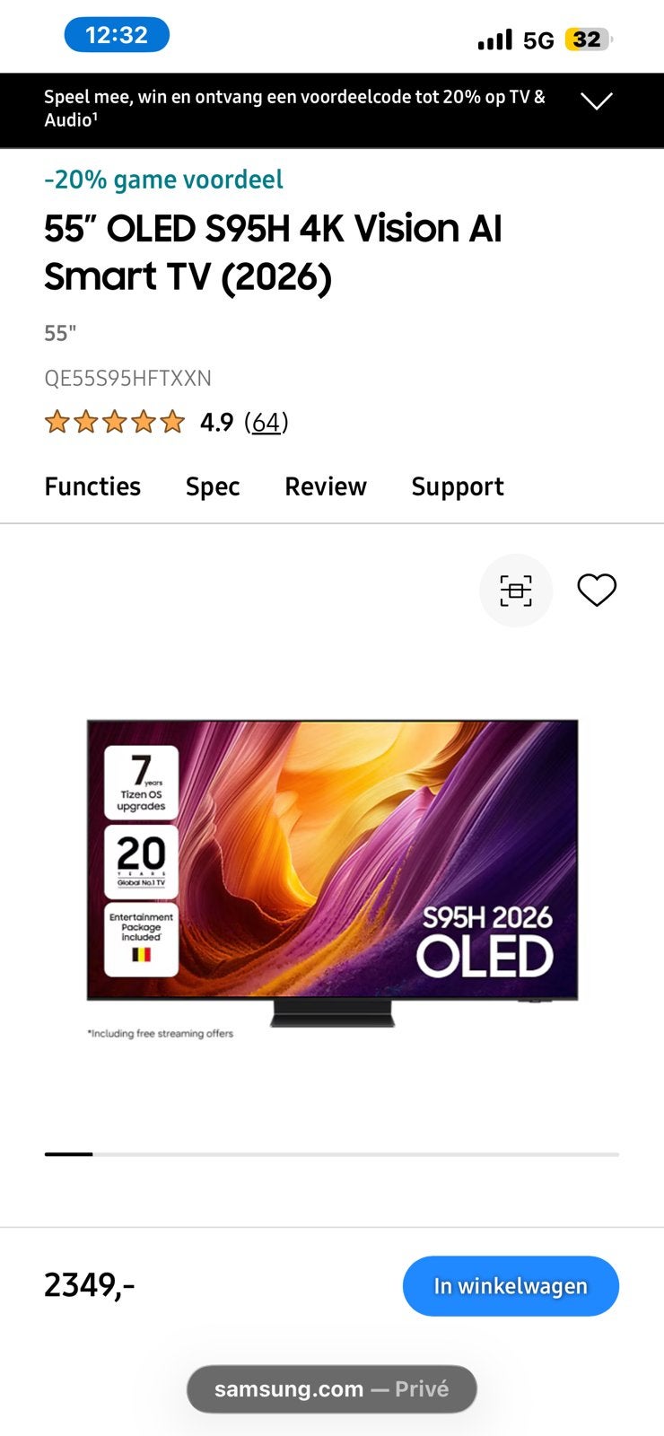 NIEUW IN DOOS 55” OLED S95H 4K Vision AI Smart TV (2026, Audio, Tv en Foto, Ophalen, Nieuw, OLED, Samsung