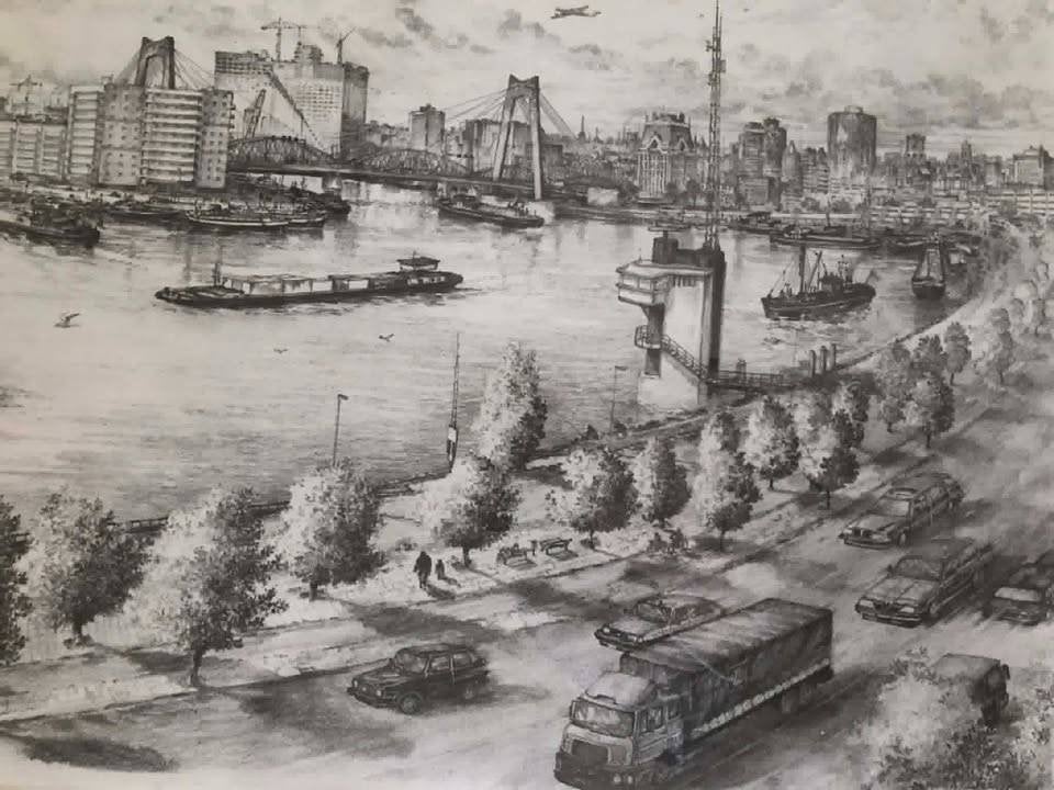 Potloodtekening haven Rotterdam 90cmx50cm, Antiquités & Art, Enlèvement, Dessin, Dessin au crayon, Signé