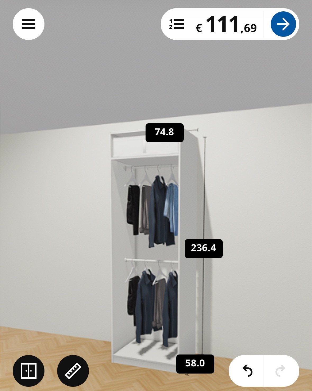 IKEA PAX 75x58x236 wit + 2 KOMPLEMENT stangen — dressing, Ophalen, Zo goed als nieuw