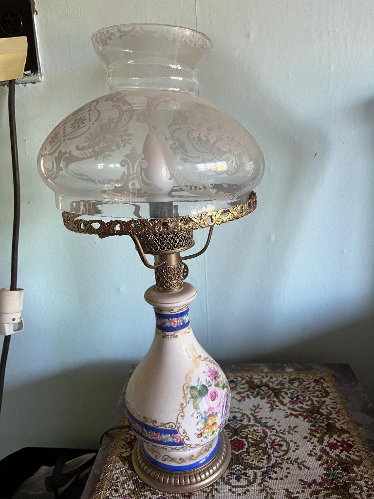 lamp met glazen kap en bloemenmotief, Ophalen, Gebruikt, Overige merken, Vintage