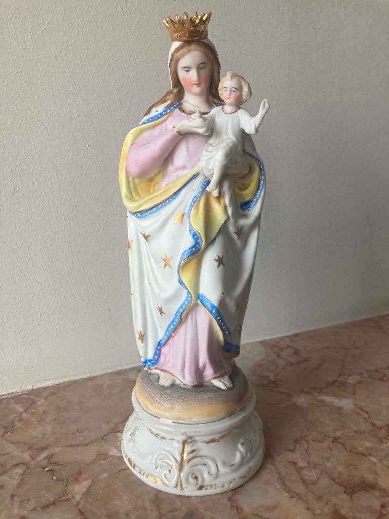 Beeld Maria in biscuit met goudverf (27 cm), Antiek en Kunst, Ophalen