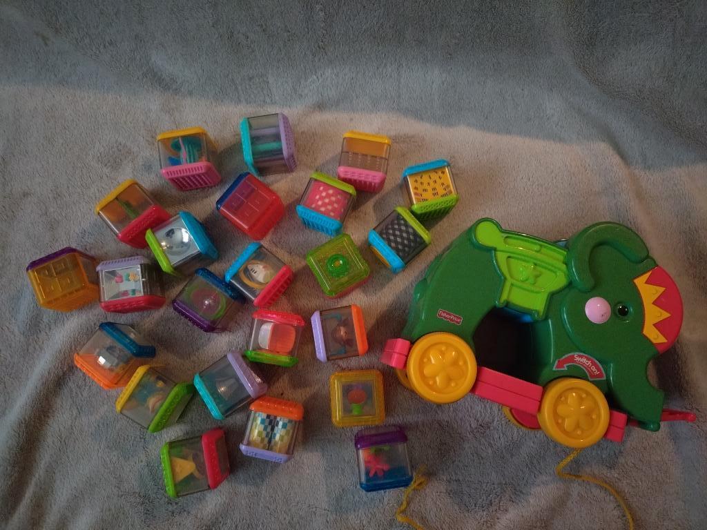 Vintage Fisher Price:  23 Peek-A-Boo blokken met Olifant, Ophalen, Gebruikt, Speelset, Met geluid