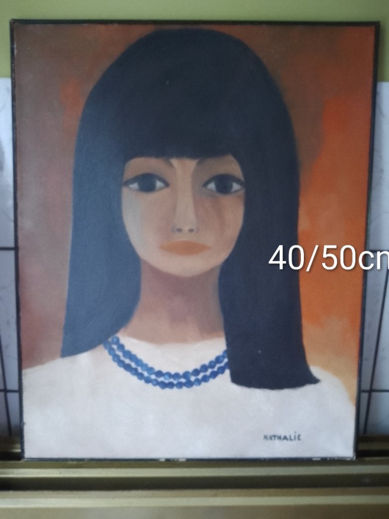 Vintage schilderij sixties olieverf op doek, Doek, Portret of Personen, Ophalen of Verzenden, Olieverf