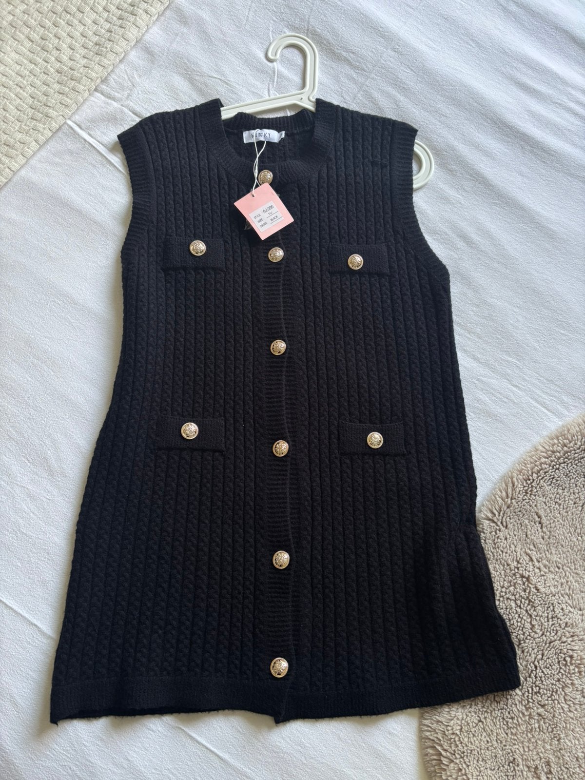 White Icy gebreide jurk/vest zwart met gouden knopen, Kleding | Dames, Ophalen, Nieuw, Zwart