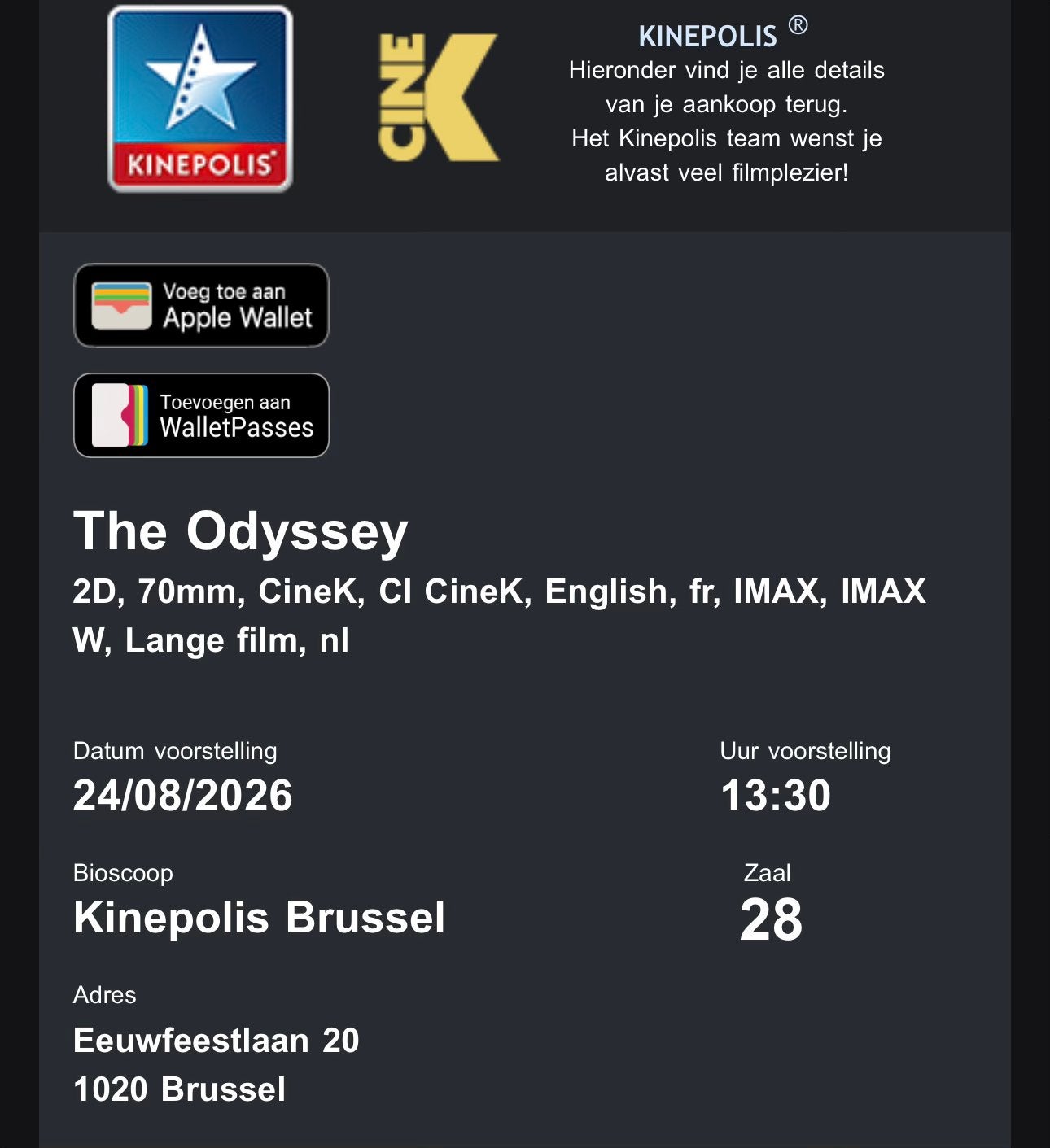 L'Odyssée - IMAX 70 mm, Tickets & Billets, Deux personnes, Action et Aventure, Conçu pour IMAX, Billet gratuit films spécifiques
