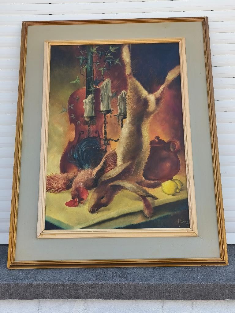 Huile sur toile nature morte au lièvre signe Gérard straus, Antiek en Kunst, Kunst | Schilderijen | Klassiek, Ophalen of Verzenden