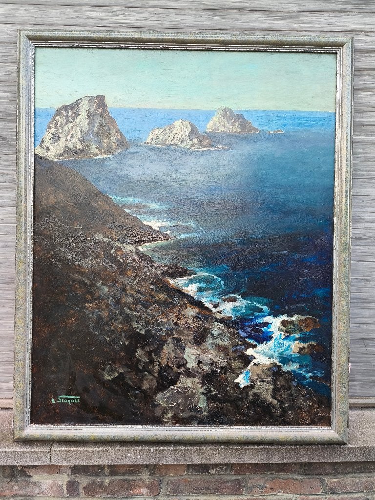 Huile sur panneau bord de mer signe Lucien staquet, Antiquités & Art, Enlèvement, Panneau