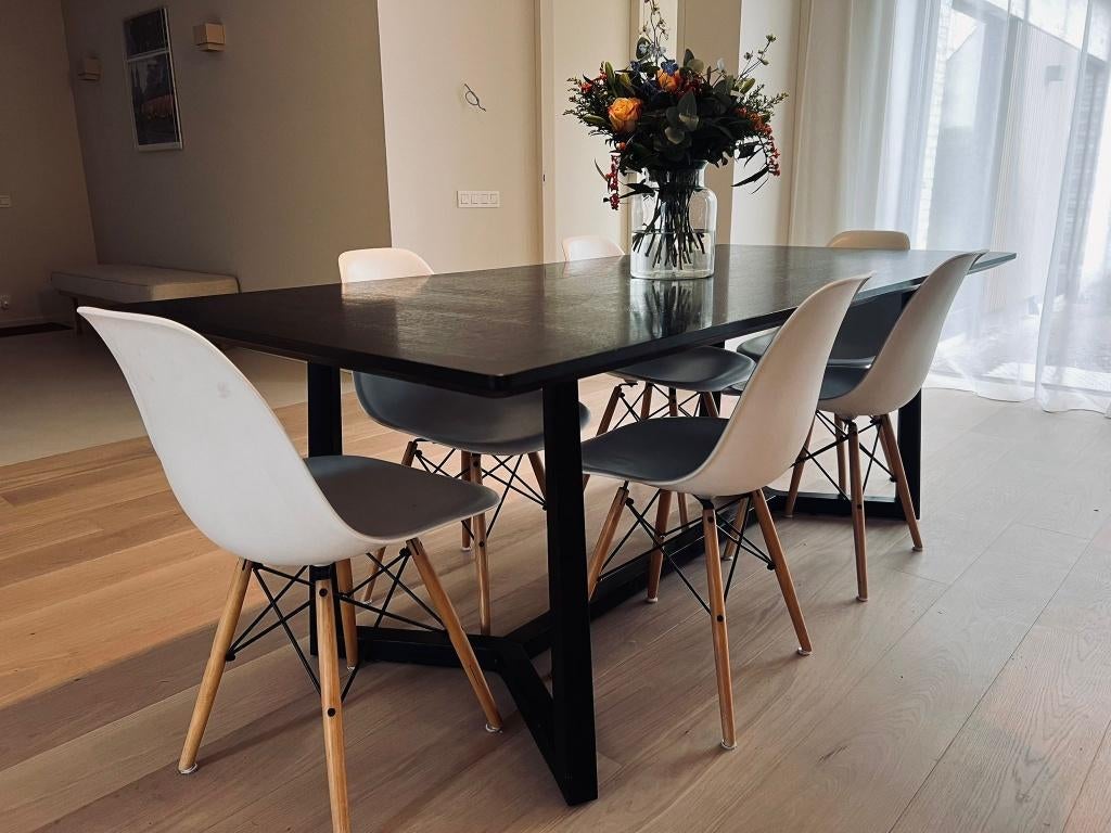 Design eettafel + 6 stoelen, Huis en Inrichting, Tafels | Eettafels, Ophalen, Zo goed als nieuw, Eikenhout