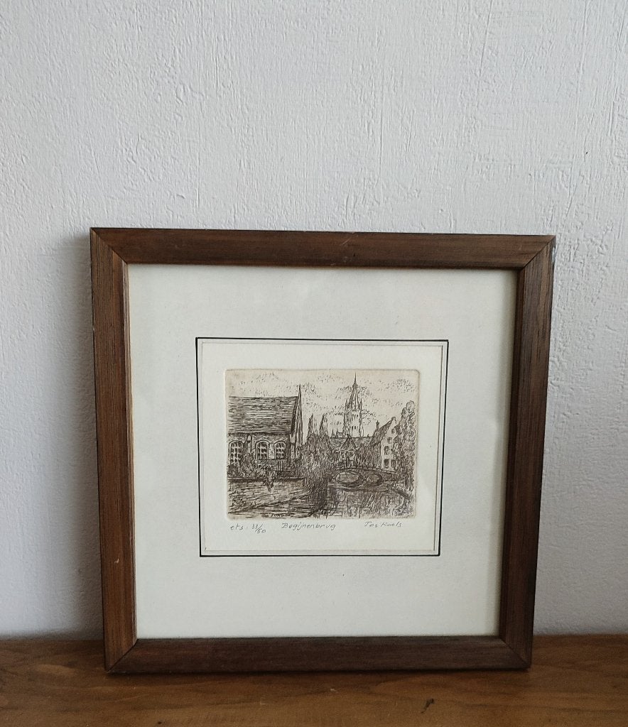 Prachtige ets Begijnenbrug Brugge gesigneerd Jos Roels, Antiek en Kunst, 17 cm, 1950 - 1999, Ets, Genummerd
