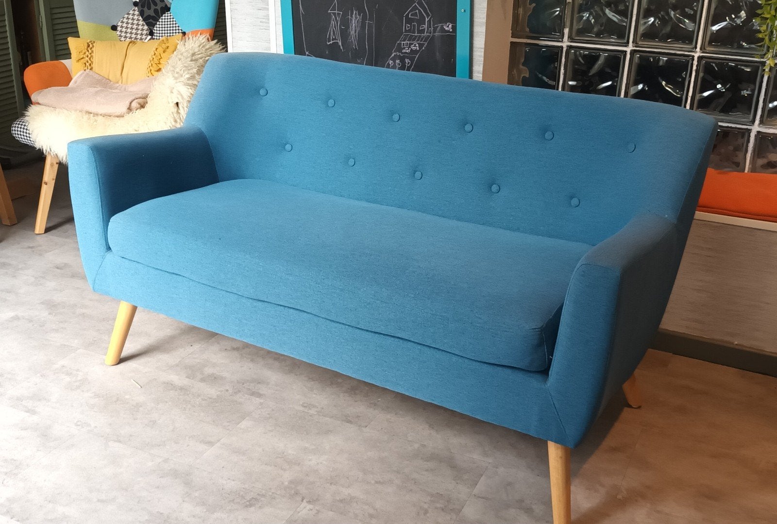 2 fauteuils bleu canard  avec pieds en bois. 1 de 2 places ., Enlèvement, Tissus