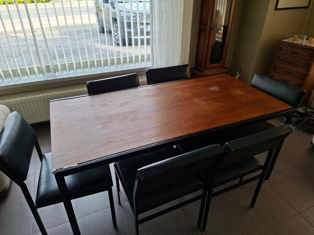 Grote uitschuifbare eettafel pastoe met 8 stoelen, Ophalen, Gebruikt