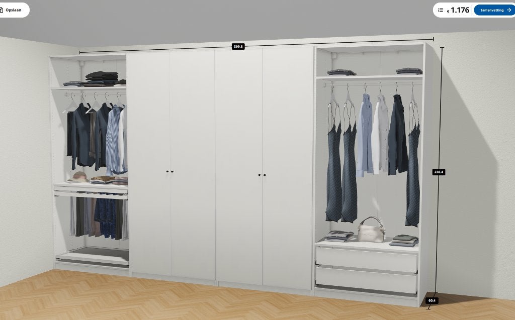 Ikea Pax 4m x 2,36 m x 0,6m, Ophalen, Gebruikt, 200 cm of meer, Met lade(s)