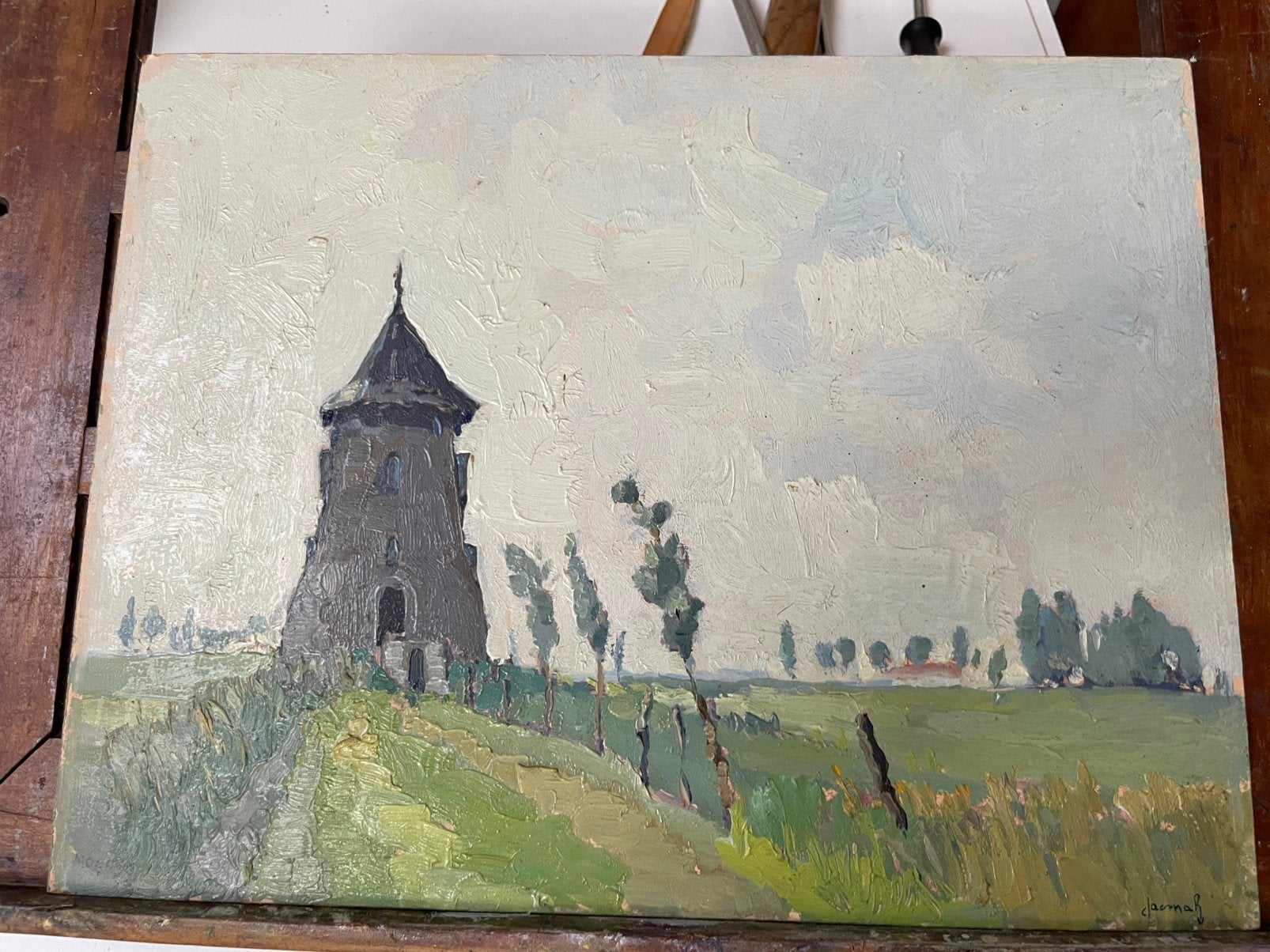 Olieverf op board 27x35 Moeren Jacmar?, Antiek en Kunst, Ophalen, Landschap, Olieverf, Klassiek