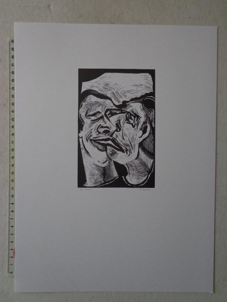 Expressionistische houtsnede Ivonne Coeck "De kus", Antiek en Kunst, 2000 tot heden, Portret, Ophalen of Verzenden, Houtsnede
