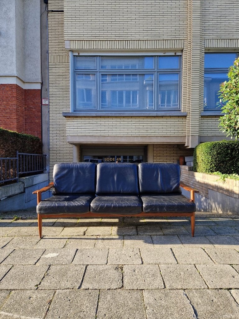 Vintage midcentury Deense zetel teak + leder | driezitsbank, Ophalen, Gebruikt, 150 tot 200 cm, Driepersoons