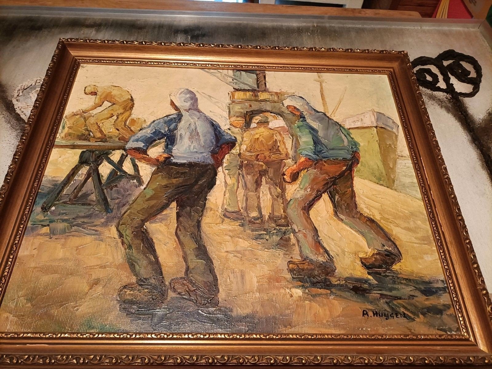 schilderij haven Antwerpen aan de kaai, Peinture à l'huile, Signé, Enlèvement, Toile