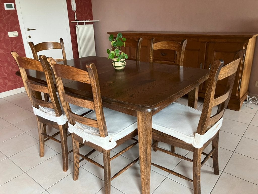 Volhouten uitschuifbare tafel met 6 stoelen, Ophalen, Zo goed als nieuw