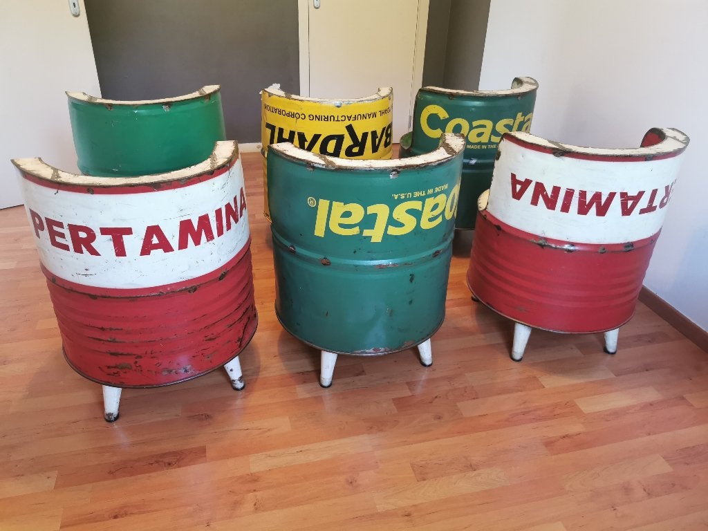 6 fauteuils industriels en bidon d’huile (loft /déco garage), Enlèvement