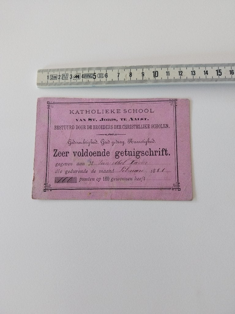 Carte d'étudiant de l'école catholique St Joris Alost 1881, Enlèvement ou Envoi, Utilisé