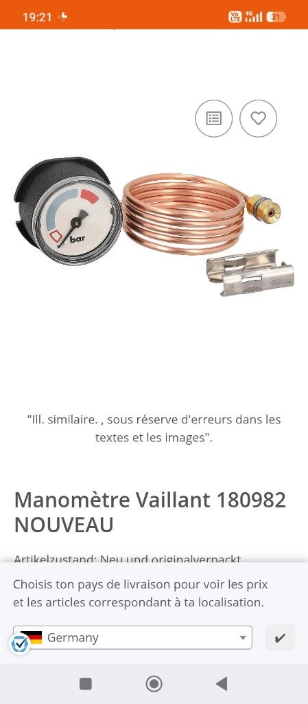 Manomètre pour chaudière Vaillant ecotec plus, Bricolage & Construction, Moins de 60 cm, Enlèvement ou Envoi, Comme neuf, Moins de 30 cm