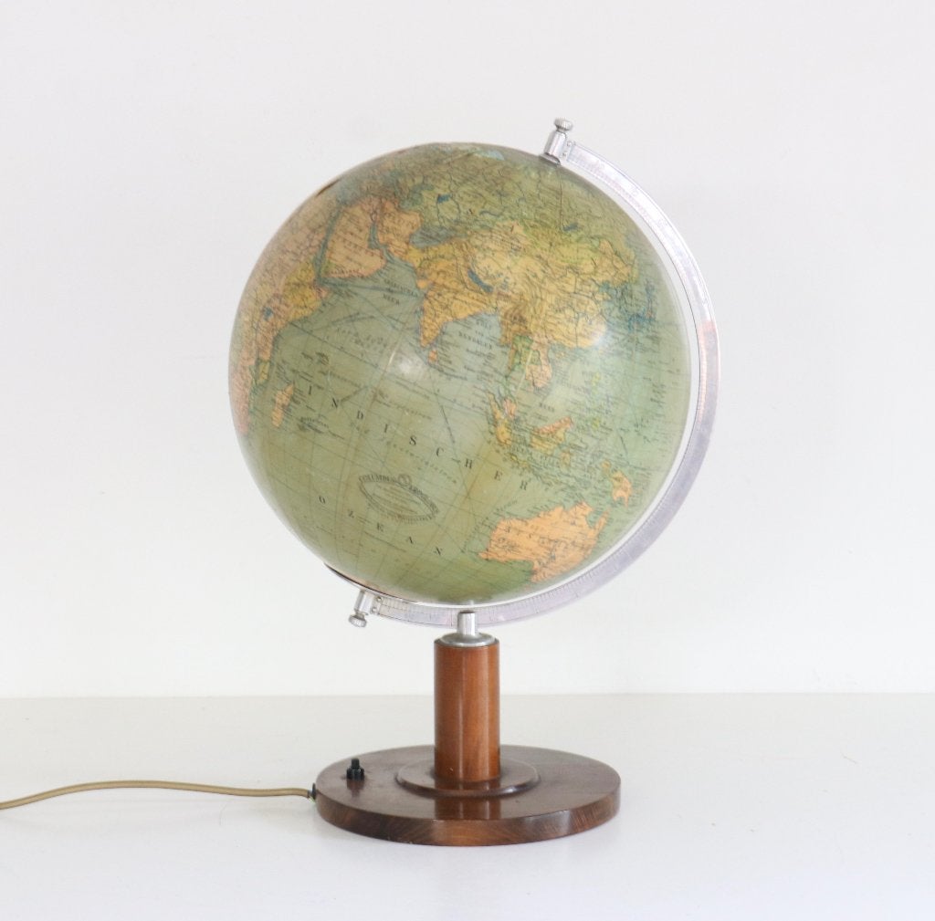 Mid Century glazen bol houten voet 1940 / 50 - Vintage Globe, Ophalen, Gebruikt, Glas