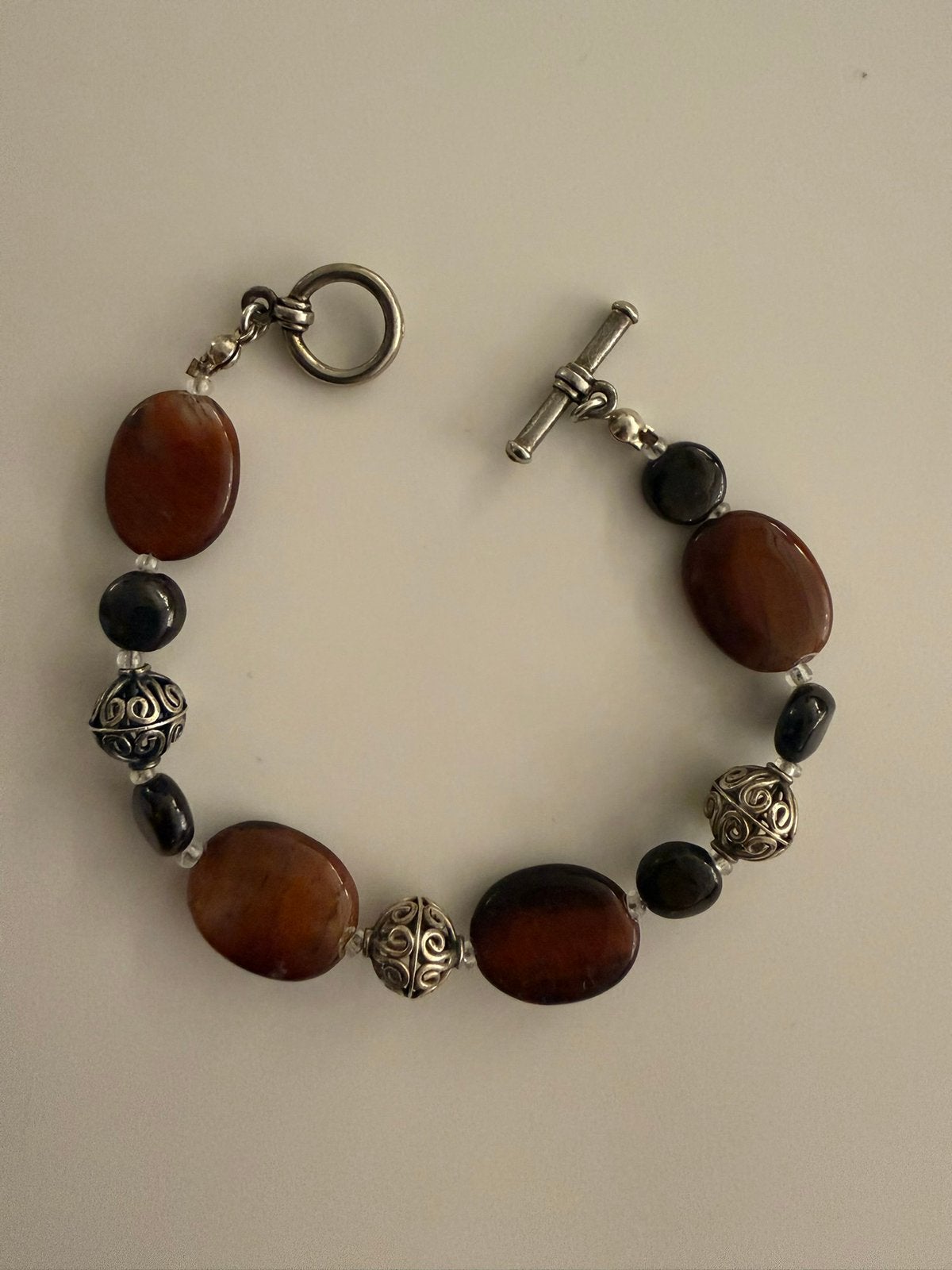 Tijgeroog armband, onyx en zilveren filigraankralen, Handtassen en Accessoires, Armbanden, Ophalen of Verzenden, Zo goed als nieuw