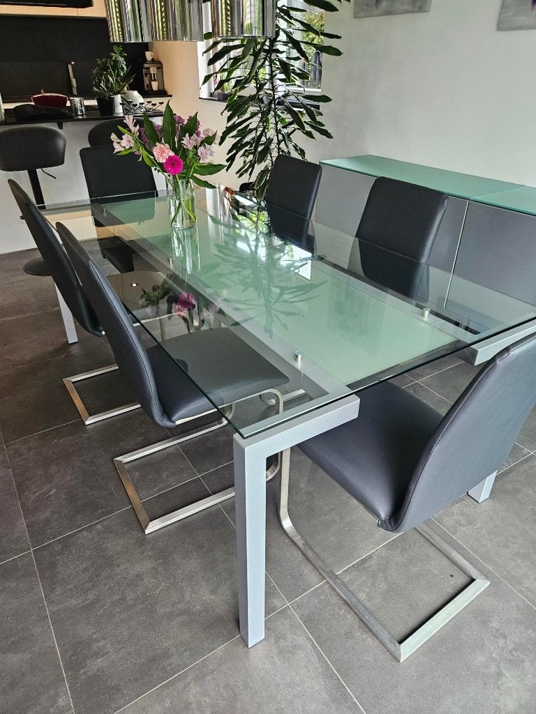 6 chaises moderne : inox / cuir noir de salle à manger, Maison & Meubles, Comme neuf, Enlèvement, Cinq, Six Chaises ou plus, Cuir