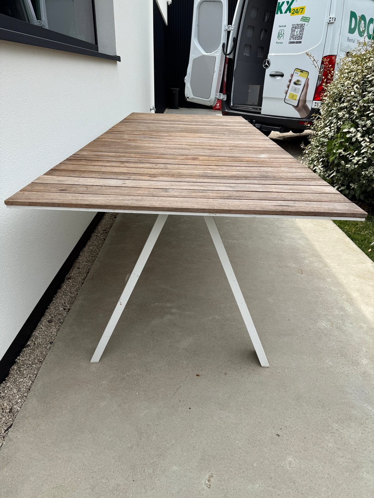 Grote Teakhouten Tafel met 8 Kuipstoelen (Gebruikt), Ophalen, Gebruikt, Rechthoekig, Teakhout