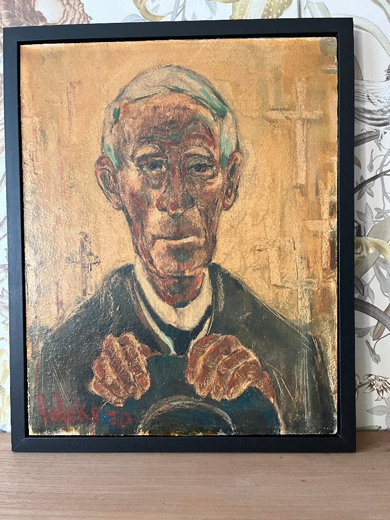 Origineel schilderij Valcke 1970 - Priester met hoed, Ophalen, Paneel, Portret of Personen, Expressionistisch