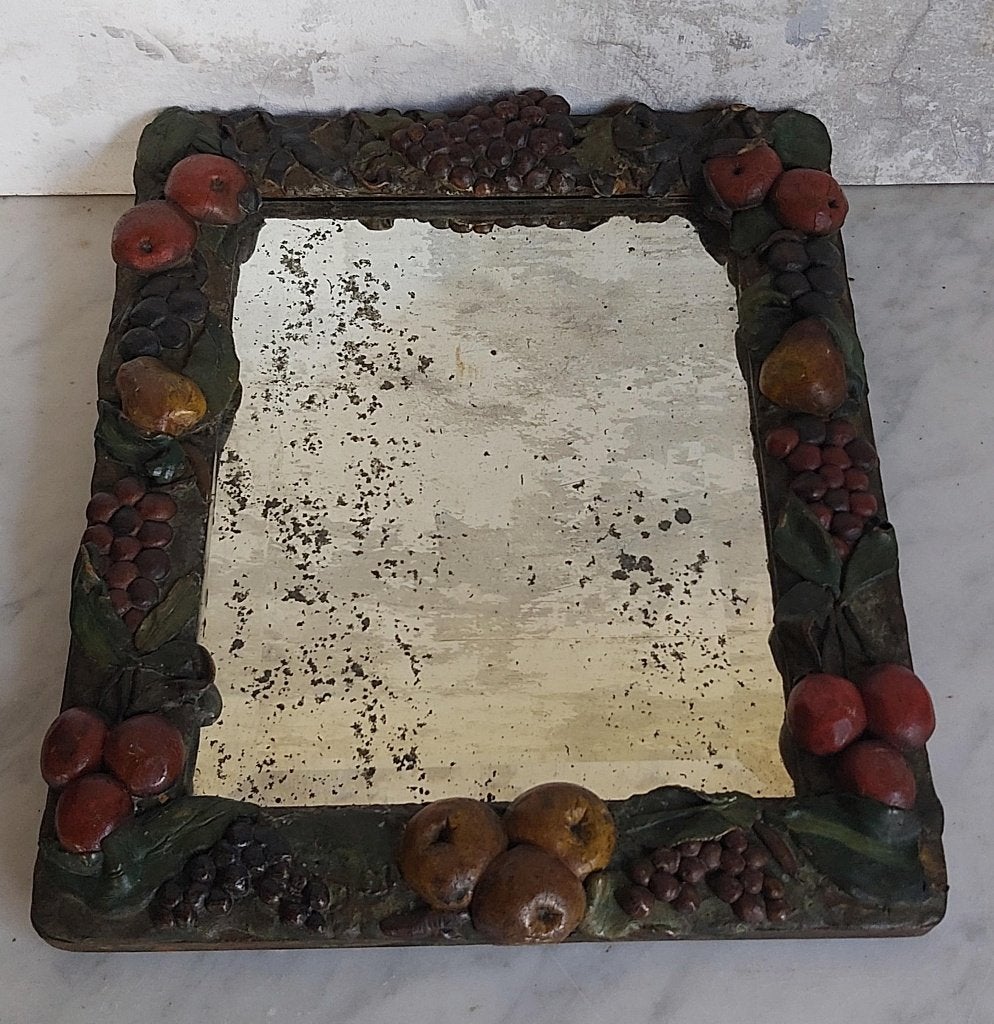 Prachtige oude houten handgesneden spiegel fruitdecor, Ophalen of Verzenden, Rechthoekig, Minder dan 50 cm, Minder dan 100 cm