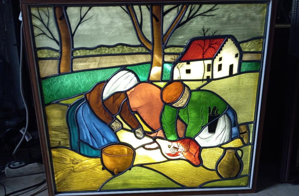 lichtbak loodglas H B gesigneerd BRUEGEL schilderij, Antiek en Kunst, Ophalen