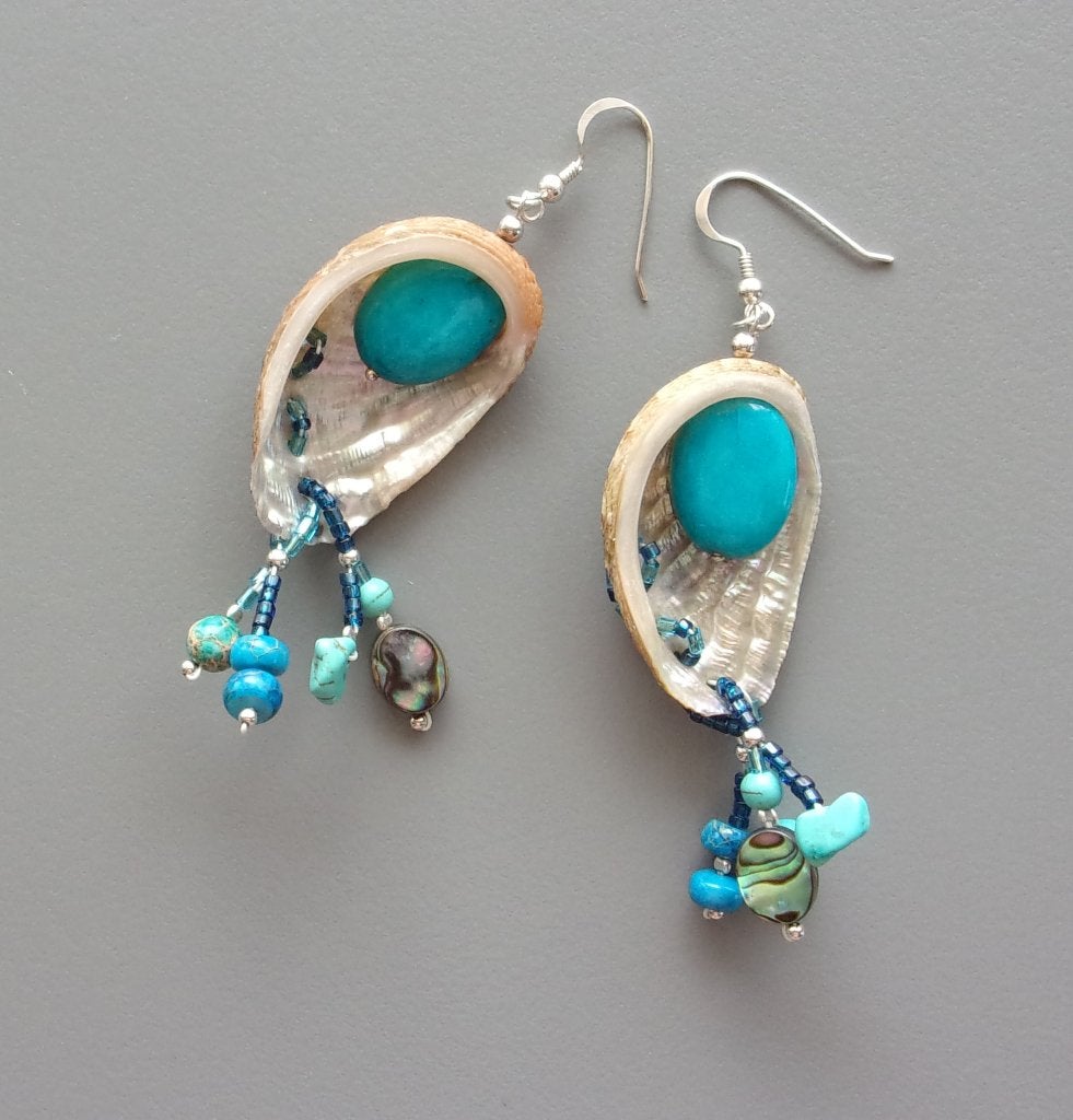 Oorbellen van abaloneschelpen, turkoois en 925 zilver, Handtassen en Accessoires, Oorbellen, Hangers, Blauw, Nieuw, Ophalen of Verzenden