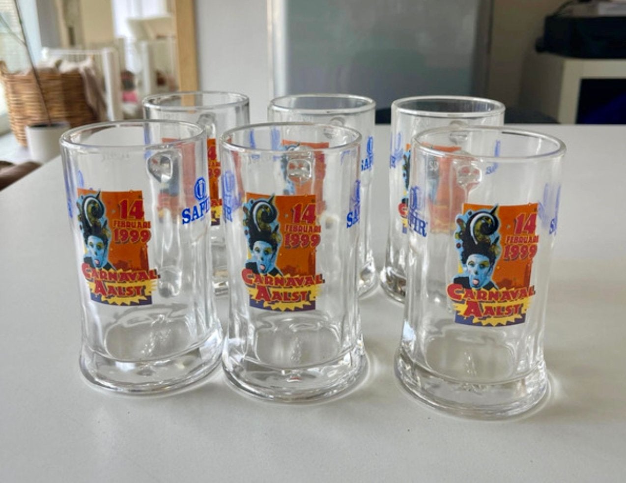 Set van 6 bierglazen  Aalst Carnaval 1999 (Safir – SAHM), Ophalen, Zo goed als nieuw