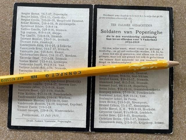 115 SOLDATS TUÉS POPERINGE période 1914-1919, Collections, Enlèvement ou Envoi, Image pieuse