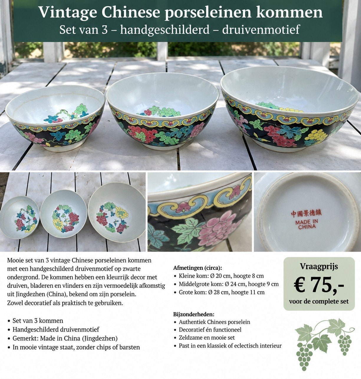 Bols en porcelaine chinoise vintage - Set de 3, Utilisé, Récipient(s), Porcelaine, Enlèvement ou Envoi