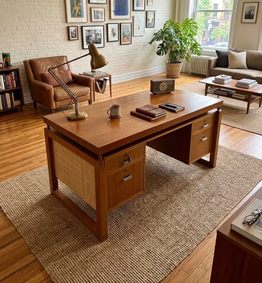 Bureau vintage double caisson — teck & rotin — années 60/70, Maison & Meubles, Bureaux, Enlèvement