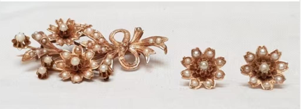 Broche + boucles d'oreilles 14 carats - Hollandaise., Enlèvement ou Envoi, Or, Broche