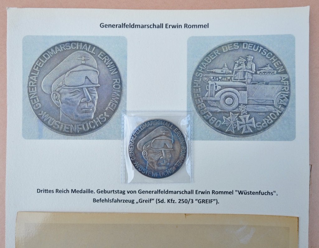 Médaille d'anniversaire d'Erwin Rommel, + 2 photos, Enlèvement ou Envoi, Armée de terre, Emblème ou Badge