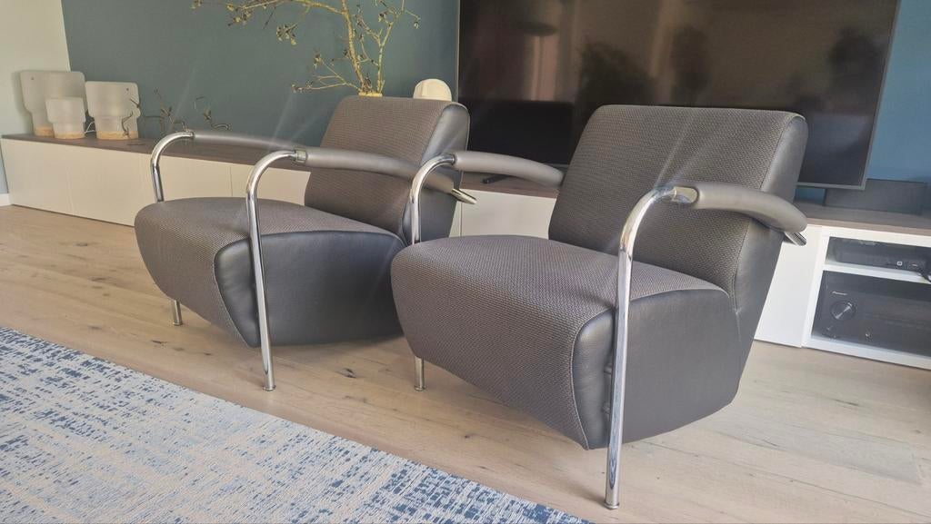 Set van 2 Leolux Scylla Fauteuils - Antraciet & Chroom, Huis en Inrichting, Ophalen, Design klassieker, Leer, 75 tot 100 cm