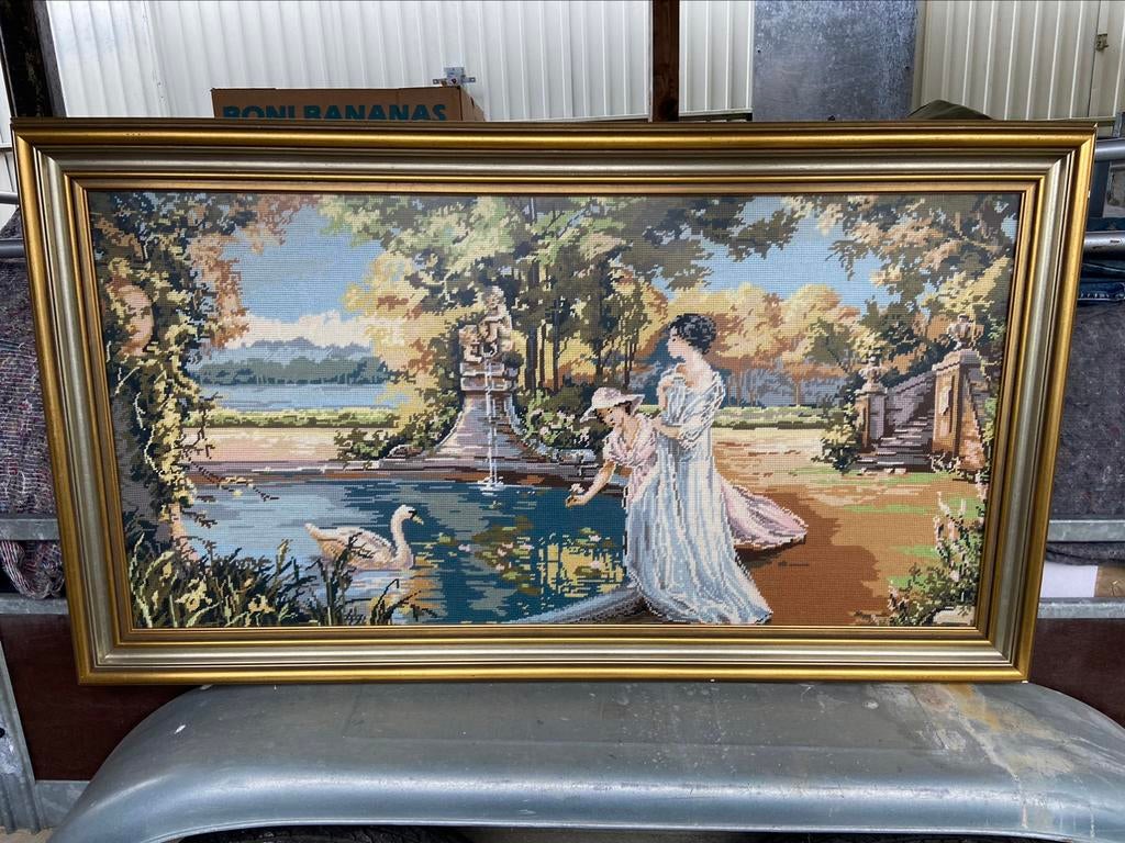 Vintage groot schilderij geborduurd, Antiek en Kunst, Ophalen