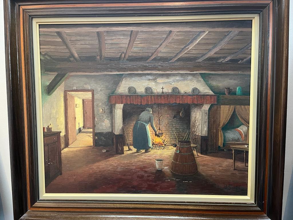 Schilderij  vrouw aan haard, Enlèvement