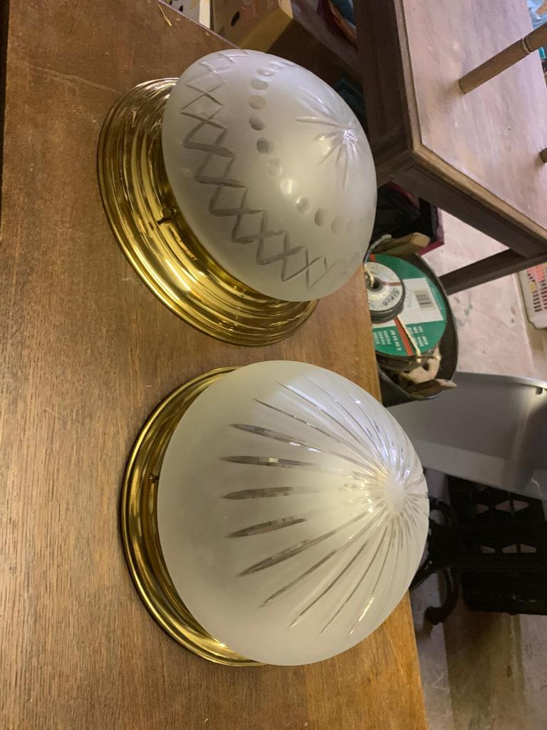 Retro vintage plafond lampen met geslepen glas koperen bev, Ophalen of Verzenden, Zo goed als nieuw, Glas