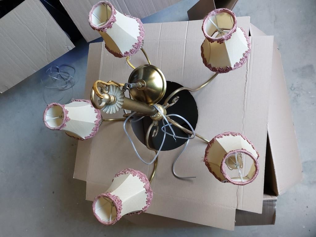 Retro luchter met 5 stoffen lampenkapjes, Ophalen, Gebruikt