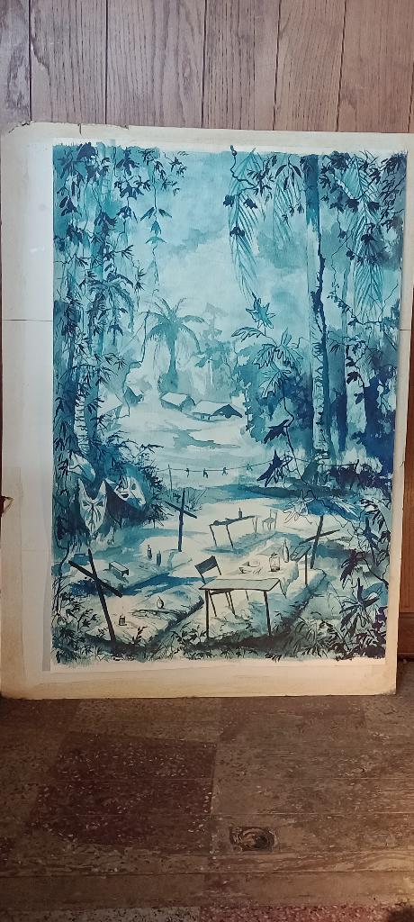 Peinture cimetière jungle Maurice Vienne 73x110, n107, Antiquités & Art, Enlèvement, Signé, Aquarelle, Papier