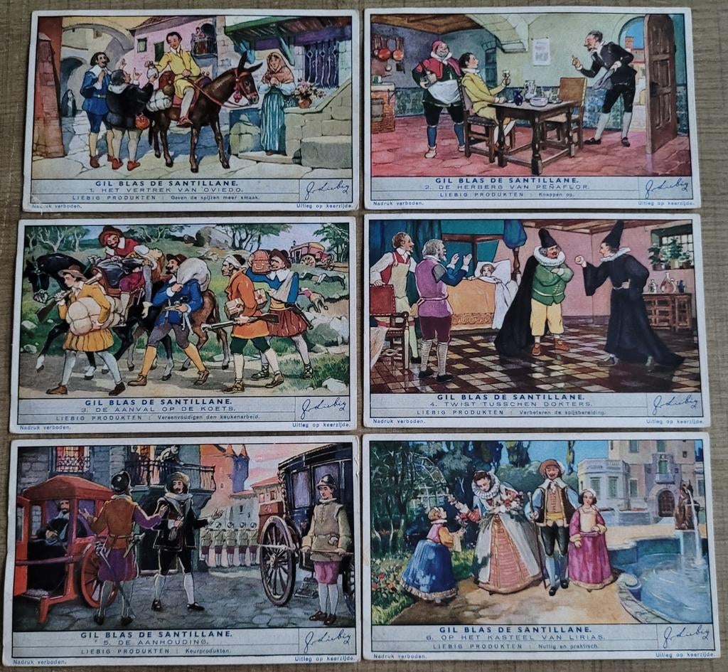 6 oude Liebig prenten: Gil Blas de Santillane, Enlèvement ou Envoi, Utilisé, Autres sujets/thèmes, Gravure