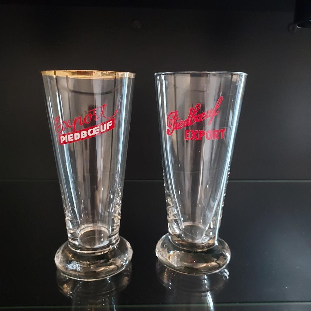 Piedboeuf Export 2 verschillende oude bierglazen 50j., Ophalen, Gebruikt, Glas of Glazen, Jupiler